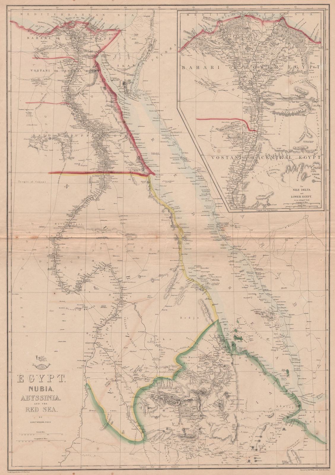 'Egypt, Nubia, Abyssinia and the Red Sea'. Nile valley & delta. WELLER 1862 map